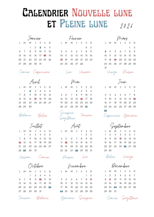 Calendrier lunaire 2026